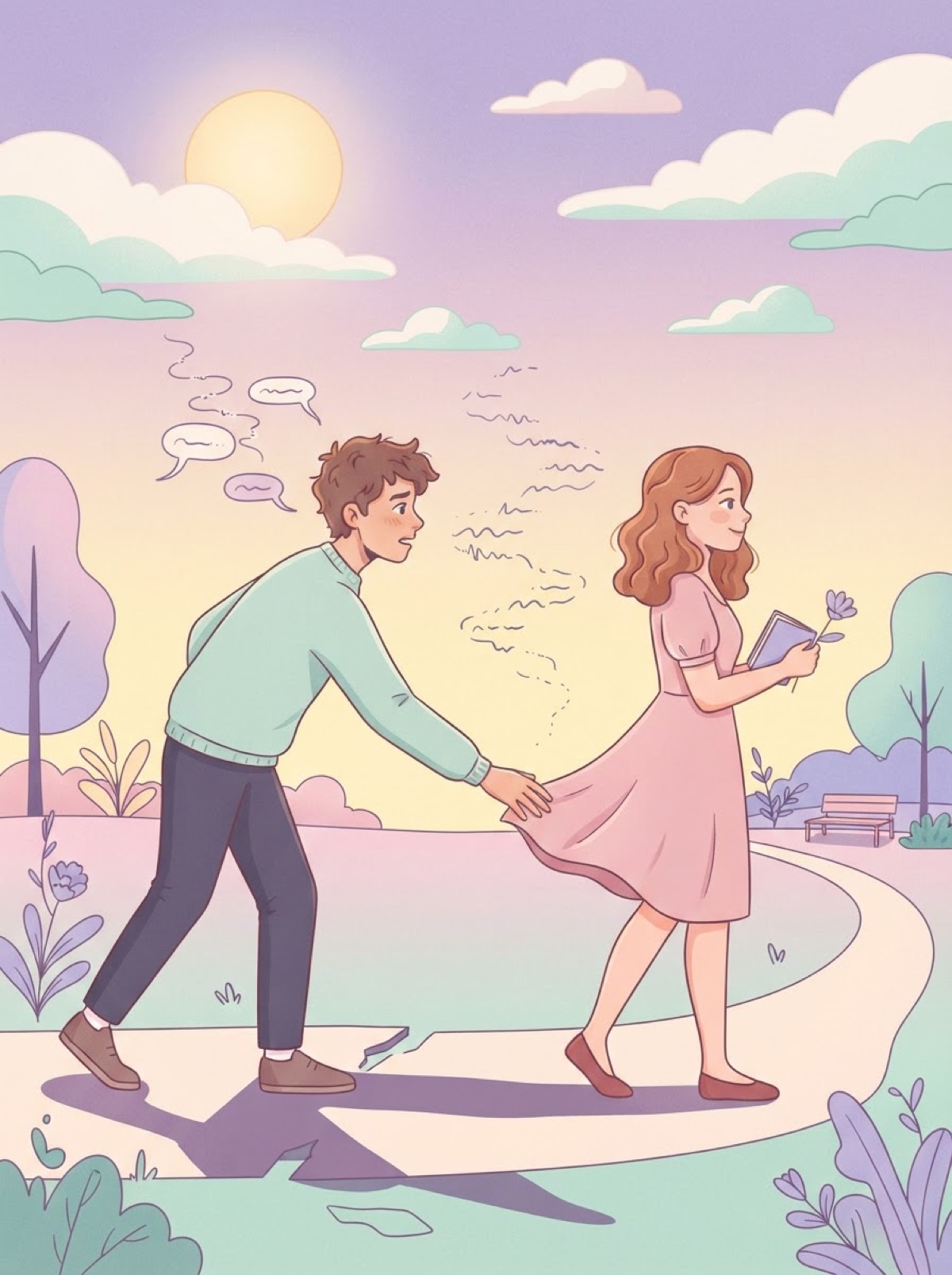AI-generated cartoon illustration of an anxious-avoidant relationship dynamic