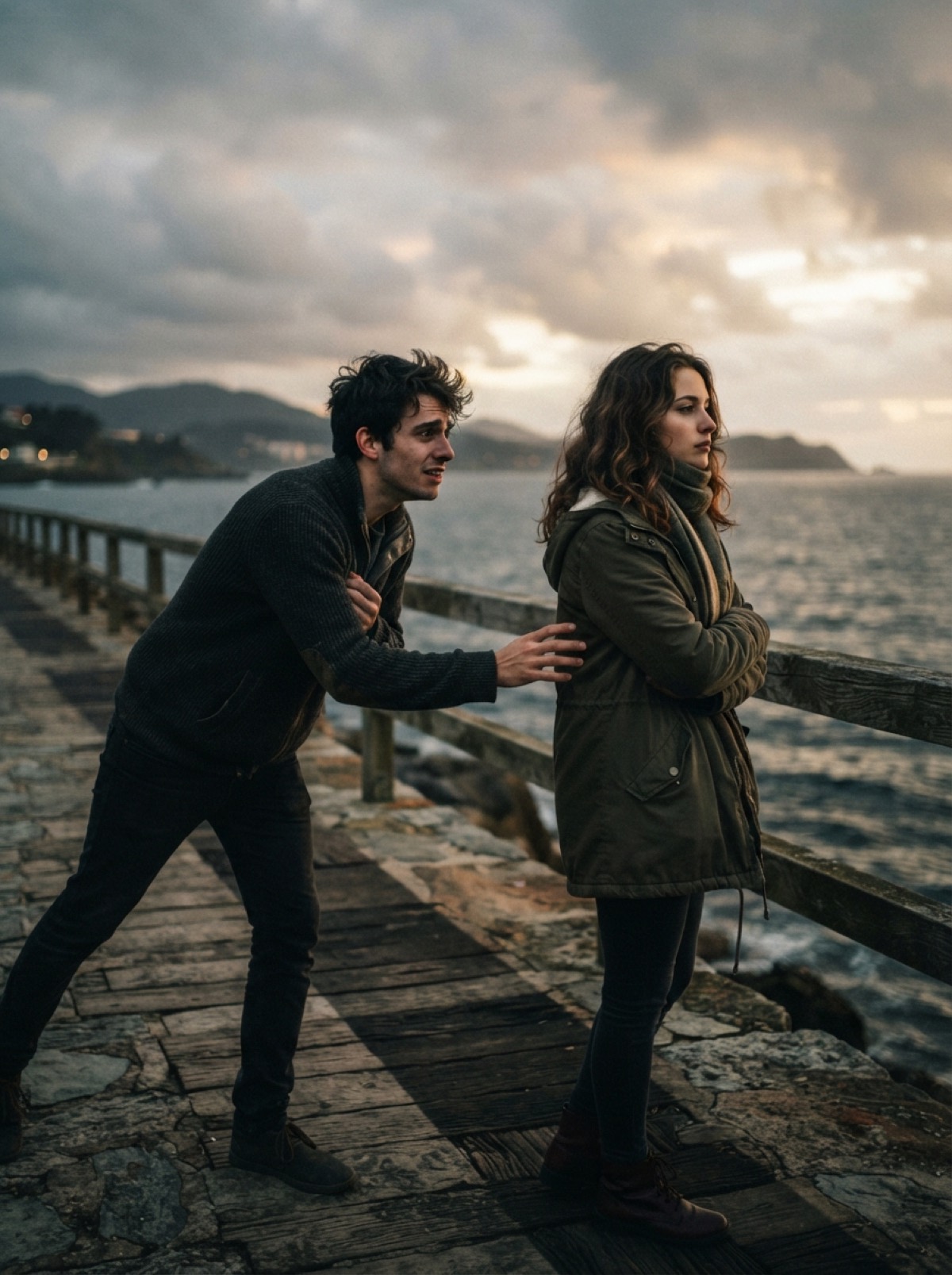AI-generated cinematic photo of a couple on a pier, one reaching out while the other looks away