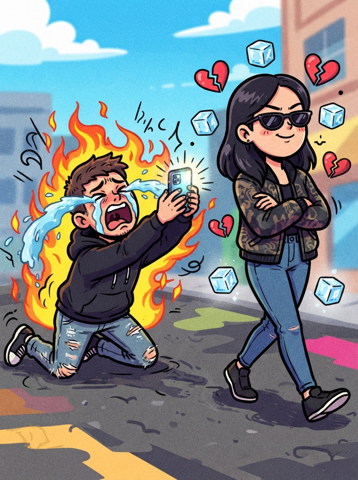 AI-generated meme-style image of a man on fire texting while a woman walks away surrounded by ice cubes