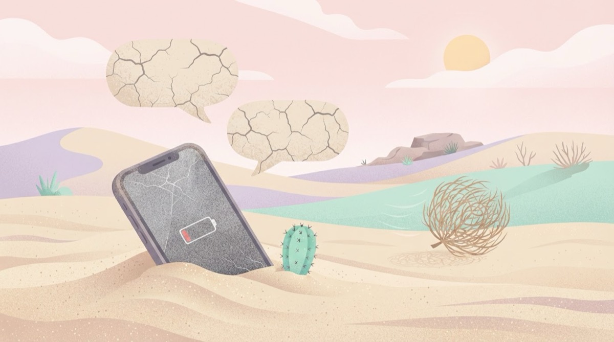 Illustration of a phone half buried in desert sand next to a cactus