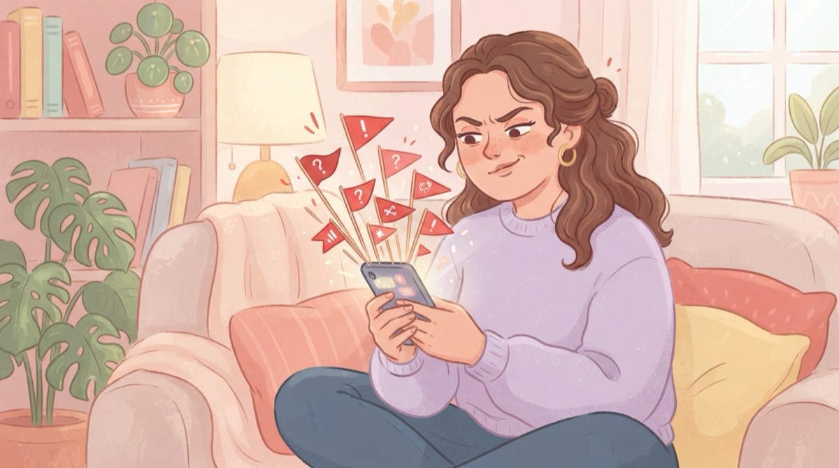 Illustration of a woman noticing red warning flags sprouting from her phone