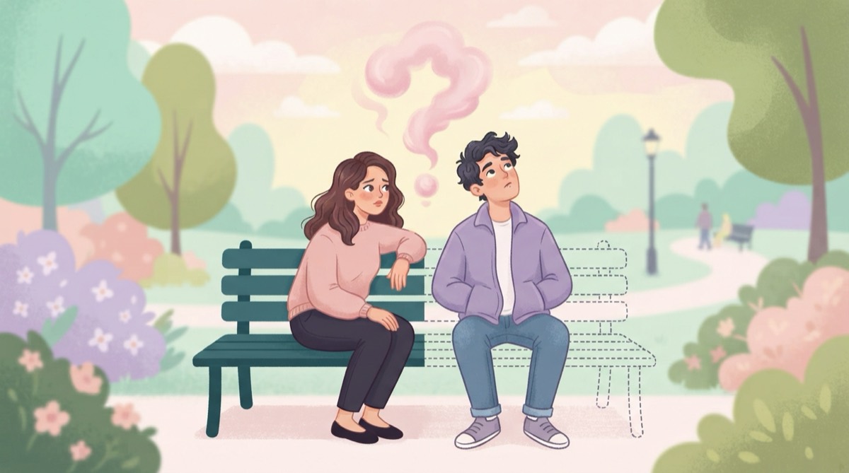 Illustration of a couple on a bench that is half solid and half dotted outline