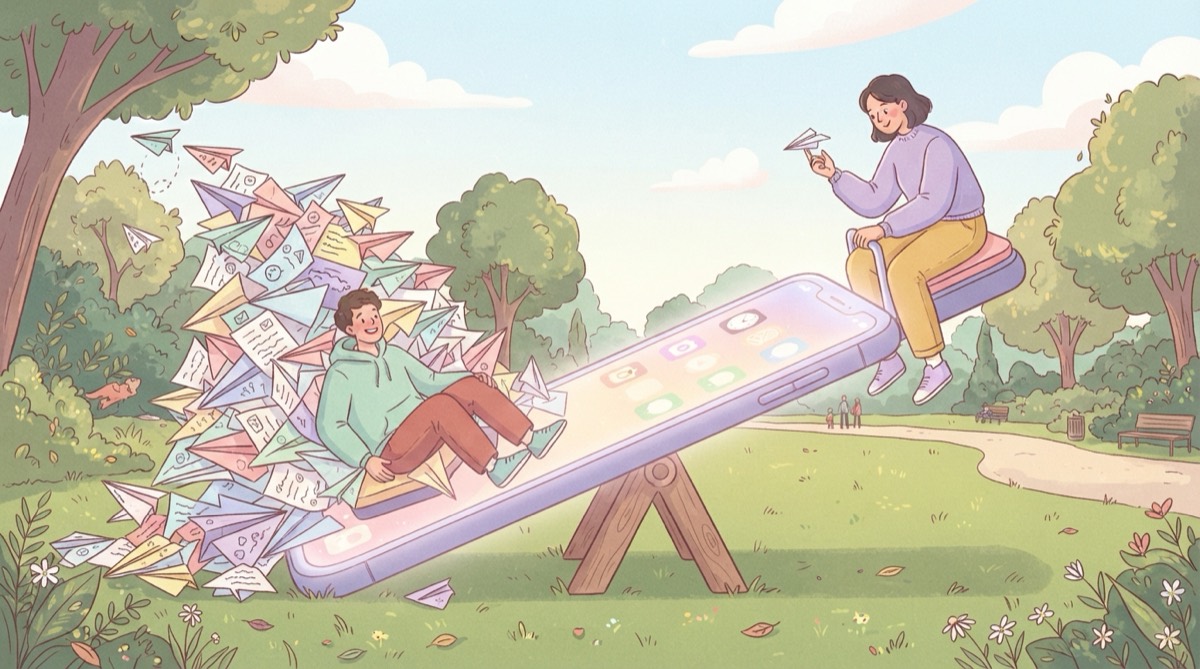 Illustration of two people on a seesaw made of a giant phone, one side piled with messages