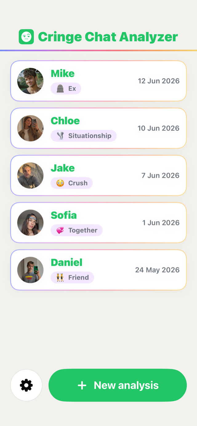 Cringe Chat Analyzer home screen listing past chat analyses