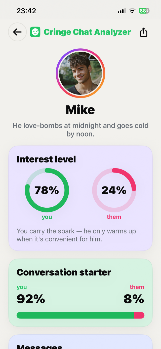 Chat analysis result showing interest level and conversation starter for a chat